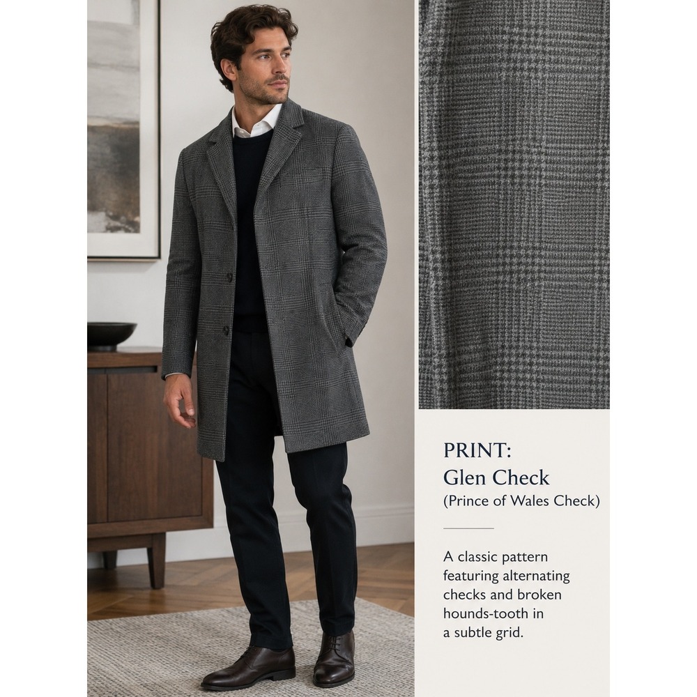 Calvin Klein Mens Glen Check Wool Blend Overcoat Size L Plaid Old Money Preppy
